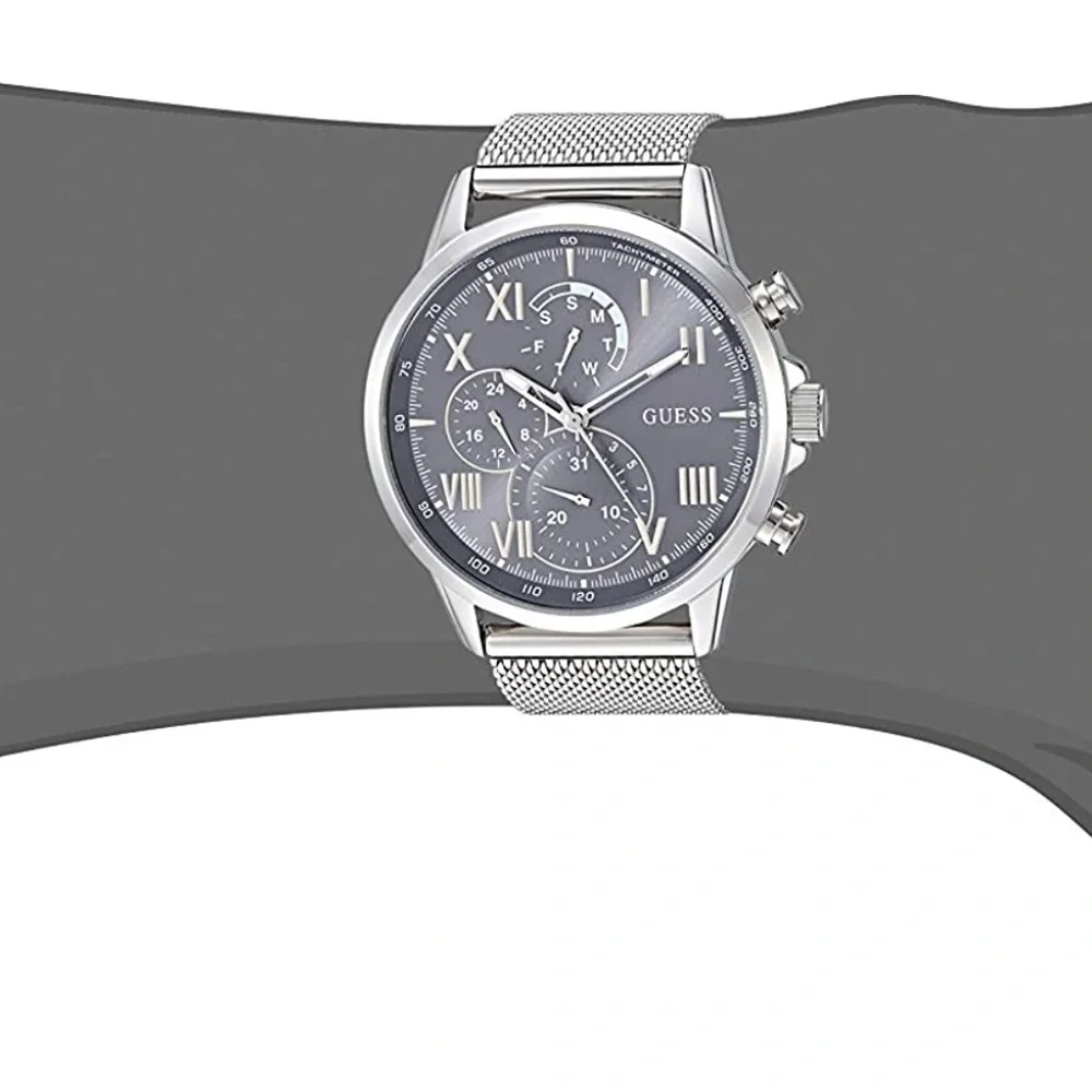 Silver-Tone And Grey Mesh Multifunctional Watch